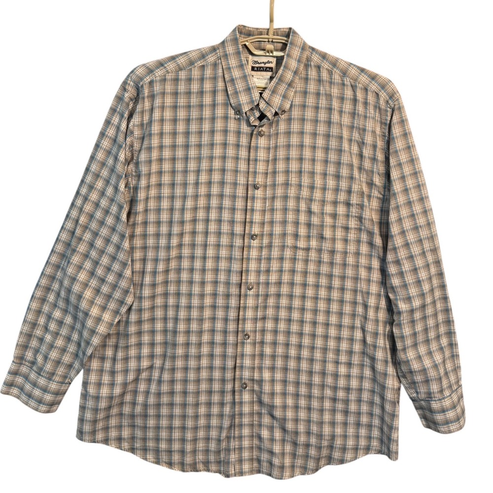 Wrangler Riata Mens XL Plaid Button‎ Down Shirt Long Sleeve Tan Western Gorpcore